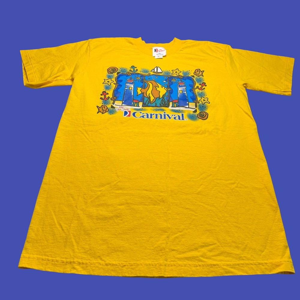 Vintage Carnival Cruise Lines T Shirt XL Yellow The Fun Ships Lighthouse Graphic